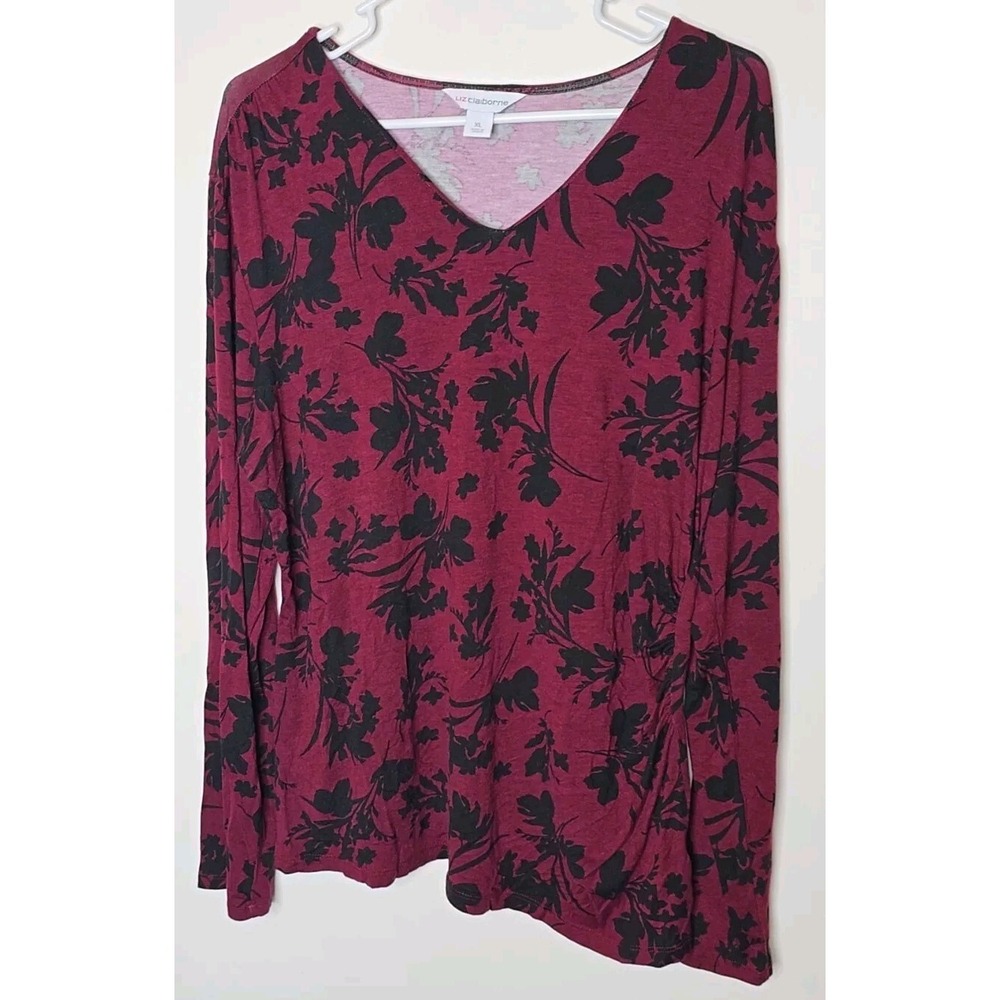 Liz Claiborne Floral V Neck‎ Top Women's XL Burgundy Black Long Sleeve Ruched
